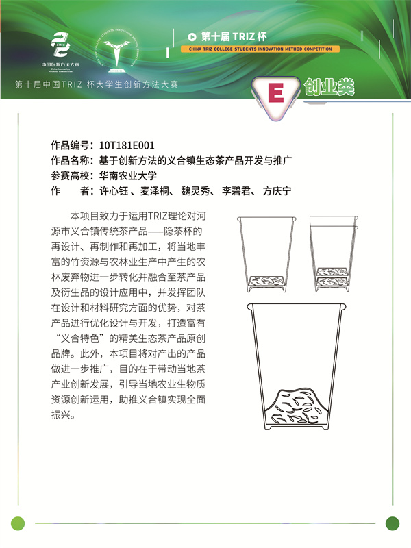 10T181E001 +华南农业大学+一叶暴富 +基于创新方法的义合镇生态茶产品开发与推广(创业项目)