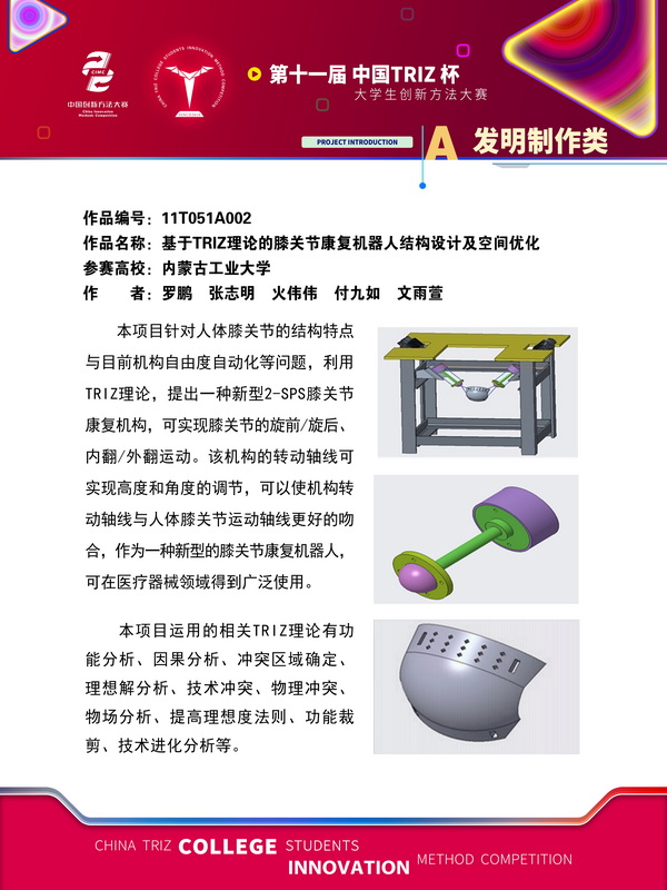 04-A发明制作类 基于TRIZ理论的膝关节康复机器人结构设计及空间优化 内蒙古工业大学
