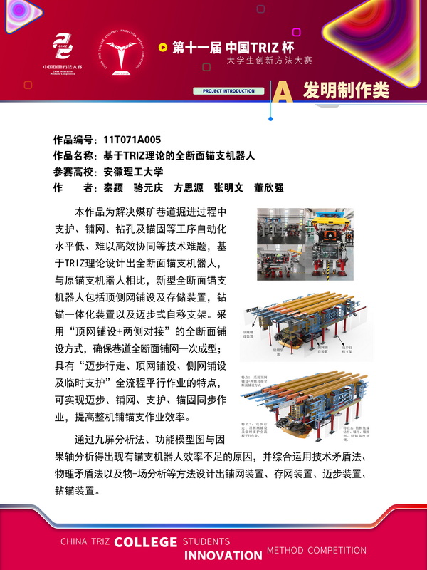 62-发明制作类+基于TRIZ理论的全断面锚支机器人+安徽理工大学