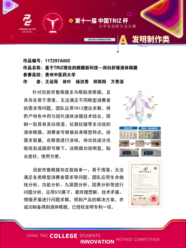 74-A发明制作类-基于TRIZ理论的眼膜新科技--润白舒缓液体眼膜,贵州中医药大学