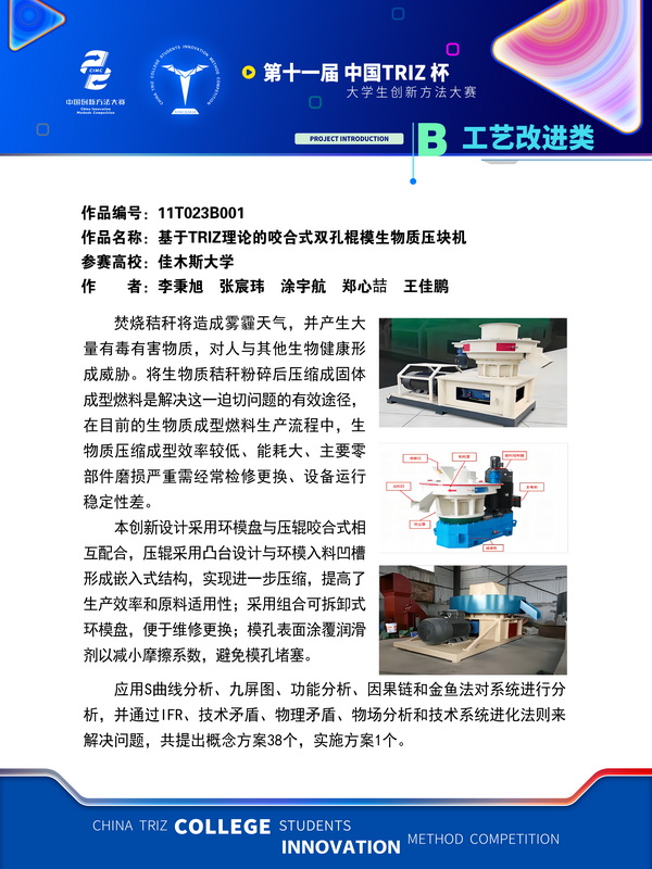 21-B工艺改进类-基于TRIZ理论的咬合式双孔棍模生物质压块机-佳木斯大学