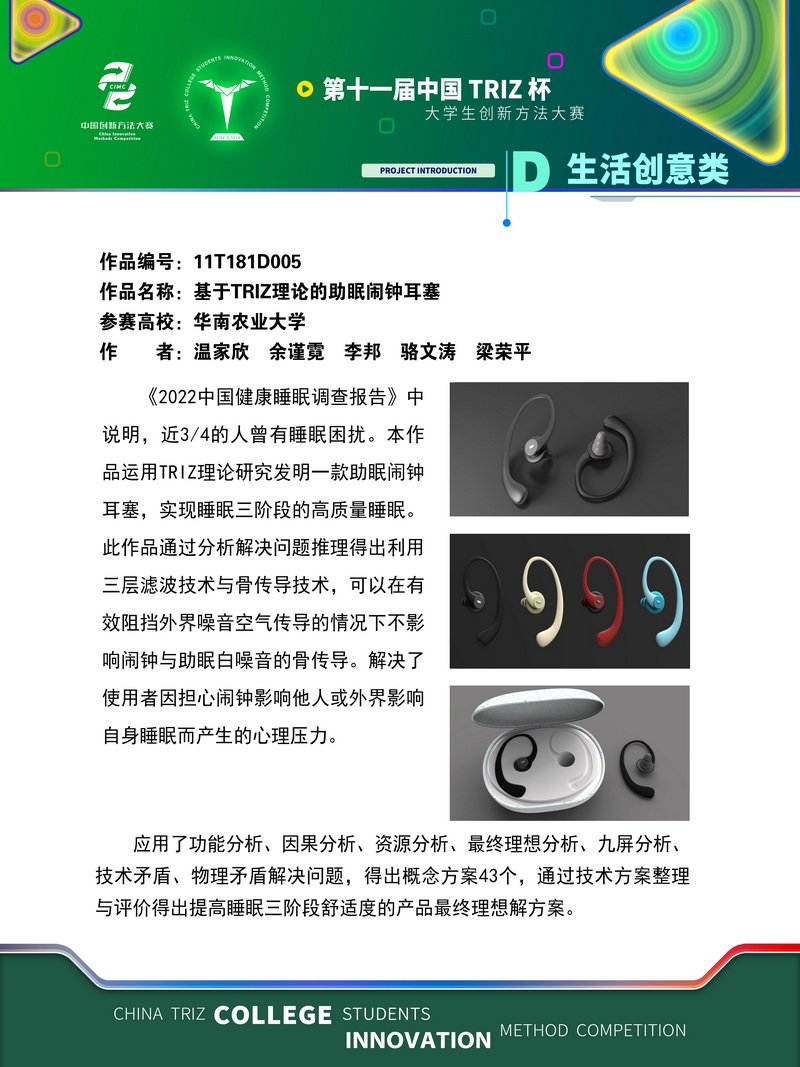 11T181D005+华南农业大学+唤然一醒队+基于TRIZ理论的助眠闹钟耳塞