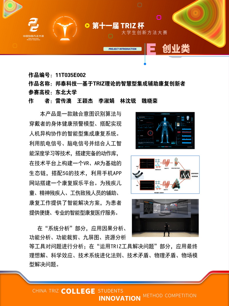 08-创业类-邦泰科技—基于TRIZ理论的智慧型集成辅助康复创新者-东北大学