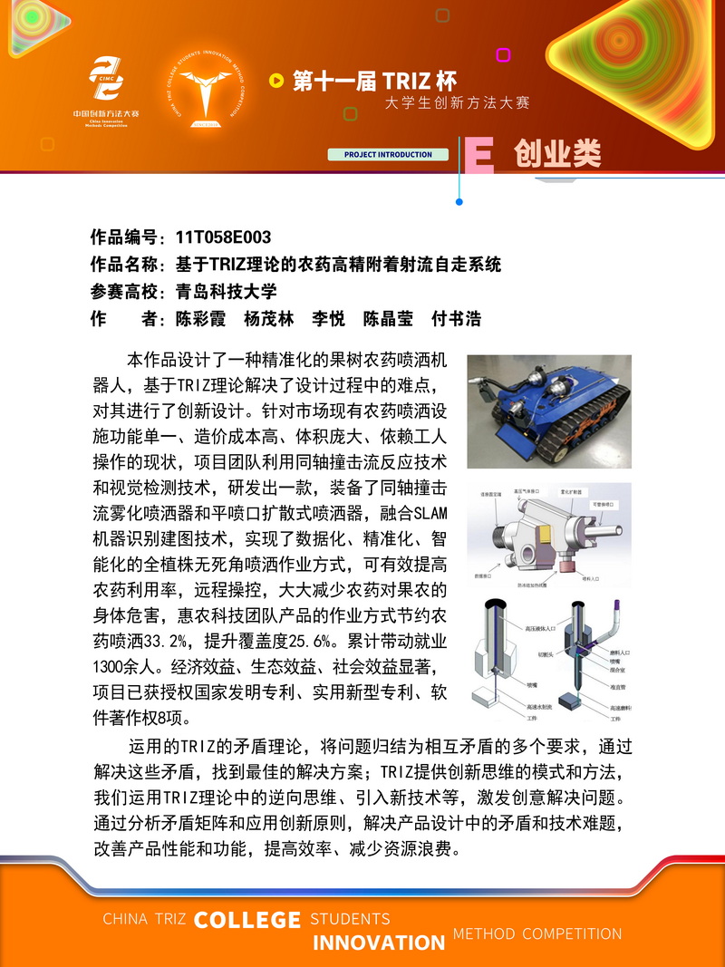 创业类+基于TRIZ理论的农药高精附着射流自走系统+青岛科技大学