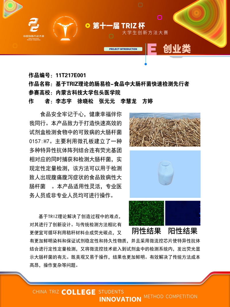 创业类——基于TRIZ理论的肠易检—食品中大肠杆菌快速检测先行者——内蒙古科技大学包头医学院